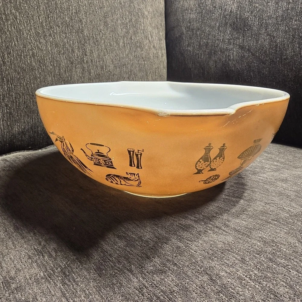 Vintage Pyrex 4 Qt Mixing Bowl Cinderella Brown Gold Rooster‎ Early Americana